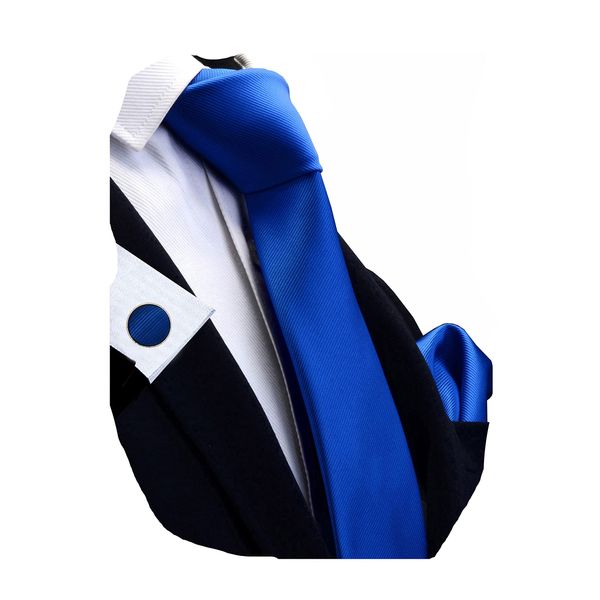 Gusleson Solid Blue Work Ties Men Necktie With Handkerchief Cufflinks Boys Gift Sets(UK0789-07)