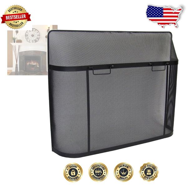 Elegant Black Alloy Steel Fireplace Screen Guard -Spark Prevention 39" x 31"