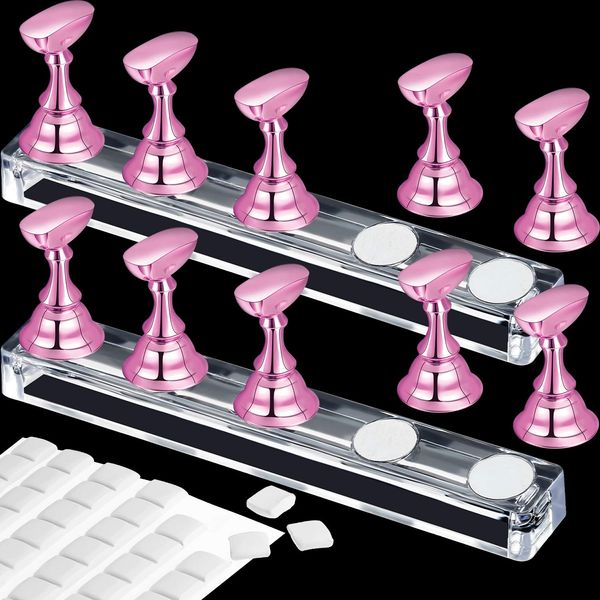 2 Set Acrylic Nail Design Practice Stands Magnetic Nails Holders Training Fingernail Display Stands DIY Nail Crystal Holders and 96 Pieces White Reusable Adhesive Putty (Metal Pink)