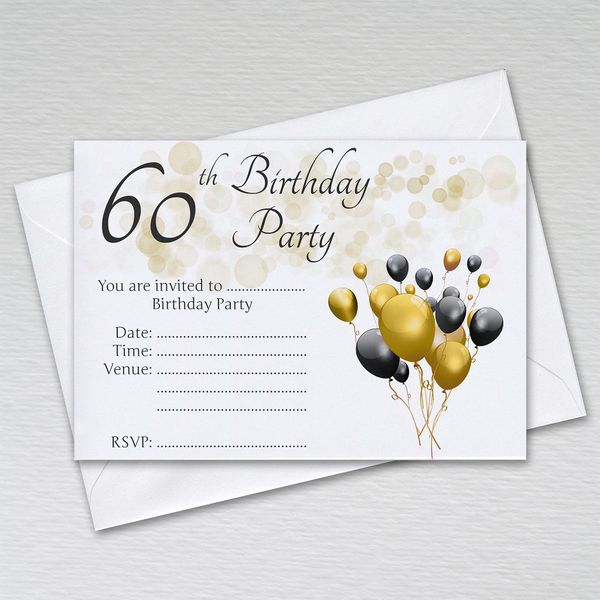 Pack of 60th Birthday Party Invitations with Envelopes: Black & Gold Sixtieth Invites for Male/Female Birthday Parties (Pack of 20 Black & Gold with Envelopes)