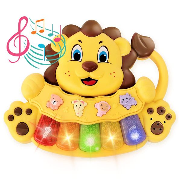 Adorable Lion Baby Piano Toy - 5 Different Numbered and Colored Light Up Key - Touch and Teach Baby Musical Toy w/ 3 Play Modes - Interactive Toy for Babies 12 Months & Up