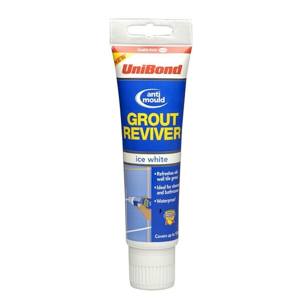 UniBond White Grout Reviver Pack with Sponge Applicator , Waterproof Anti-Mould Tile Grout Whitener for Bathrooms and Kitchens, 1x125ml