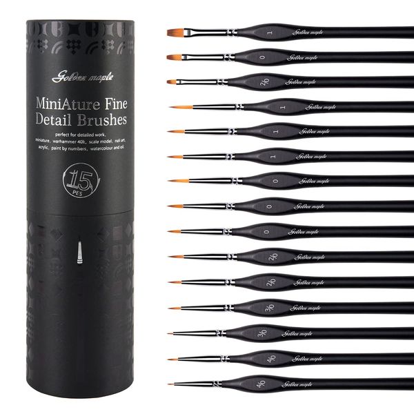 Golden Maple Miniature Paint Brushes, 15PC Model Brushes Micro Detail Paint Brush Set, Fine Detailing for Acrylics, Oils, Watercolors & Paint by Number, Citadel, Figurine, 40k (Black)