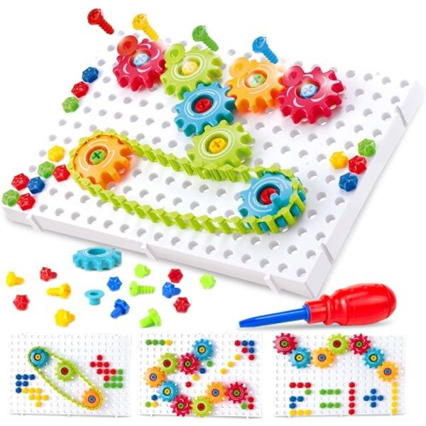 Ynybusi Gear Blocks Gear Toys 3D Puzzle 133pcs Building Blocks Assembly Blocks Spinning Screwdriver Colorful Gears Carpenter Pretend DIY Toys Kids Toys Christmas