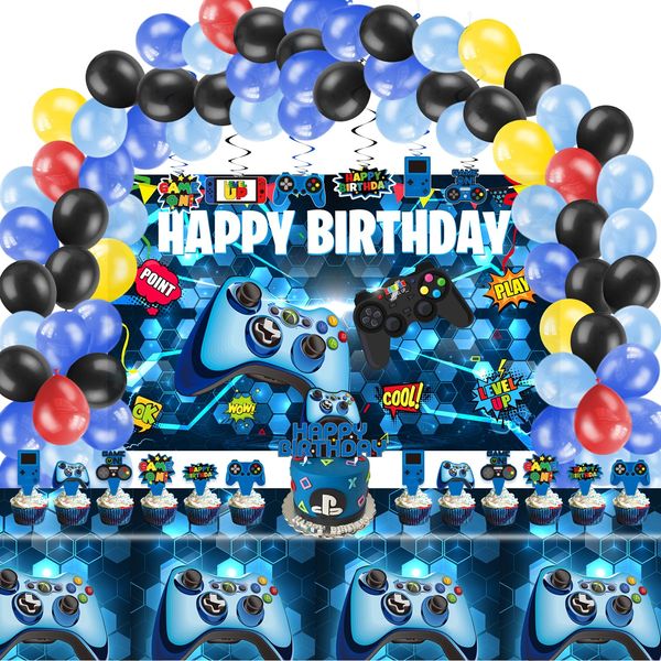 KimaruLZ Video Game Birthday Party Decorations - 109Pcs Gamer Gaming Party Supplies For Boys Birthday Party - Happy Birthday Backdrop, Table Cover, Hanging Swirls, Cupcake Cake Topper, Balloons