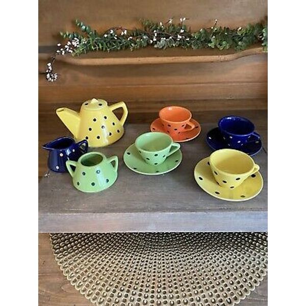 Children's Mini Ceramic Polka Dot Tea Set Blue Yellow Green Orange CUTE!