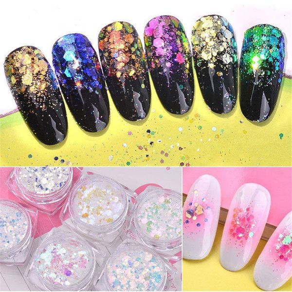 Set of 6 Colors Mermaid Glitter Film Hologram Aurora Nail Glitter 0.08 inch (1 mm) 0.08 inch (2 mm) Mix Size Blending Glitter Hex Nail Glitter Nail Art Supplies