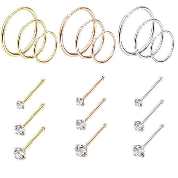 Jstyle 18Pcs Nose Rings Hoop Stainless Steel 20G Straight CZ Nose Studs Piercing Ring Hoop Body Jewelry Set