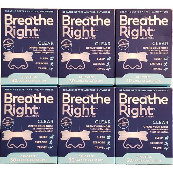 180 BREATHE RIGHT NASAL STRIPS, LARGE CLEAR ( 6 x 30 COUNT BOXES ) EXP 2027-28