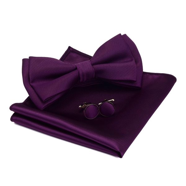 Bow Ties For Men Purple Pre-tied Solid Bow Tie Adjustable Bowtie and Pocket Square Cufflink Sets (UK0577-04)