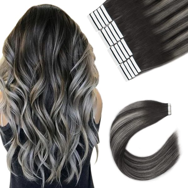 Sixstarhair Invisible Tape Extensions Echthaar 20 StüCk 50g 20 Zoll Dicke Remy Haar Extensions Seidig Glatte Tape In HaarverläNgerung #1bt1b-Silver