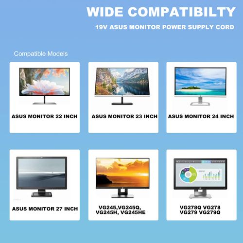 Tinkon for Asus Monitor Power Supply Cord VG245 VG278 VG278Q VG279 VG279Q VG245H VX248 VX248H VX228 VX228H VX279H MX239H MX279H LS246H LCD, Asus 27'' 24'' 23'' 22'' Tuf Gaming Monitor 19V Charger