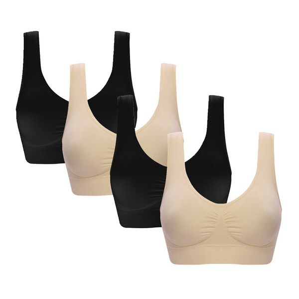 Vermilion Bird Women's 4 Pack Seamless Comfortable Sports Bra with Removable Pads Black*2 Beige*2 L