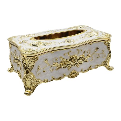 Tsnamay 9.45"x5.43"x3.94" Luxurious Rose Tissue Box with Imitation Diamonds, Embossed Flowers, Elegant Tissue Paper Holders for Home Toilet Bath Hotel,Gold-White