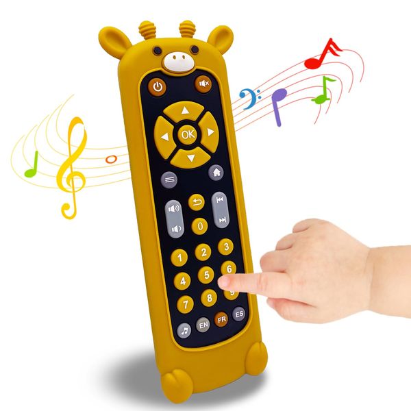 Baby TV Remote Control Toy with Cute Giraffe Soft Silicone Cover Teething Toy, Realistic Baby Musical Remote Control Toy with Light ＆ Sound (Giraffe)