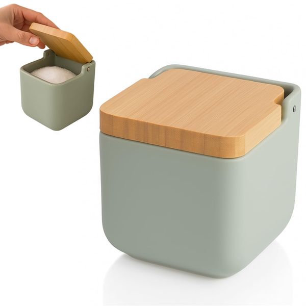 KOOK TIME Salzdose mit deckel | Salzbehälter für die küche, keramik | Salztopf mit deckel | Salzfass mit klappdeckel aus natürlichem umweltfreundlichem bambus | 11.5x11.5x11.5 cm (Salbeigrün)