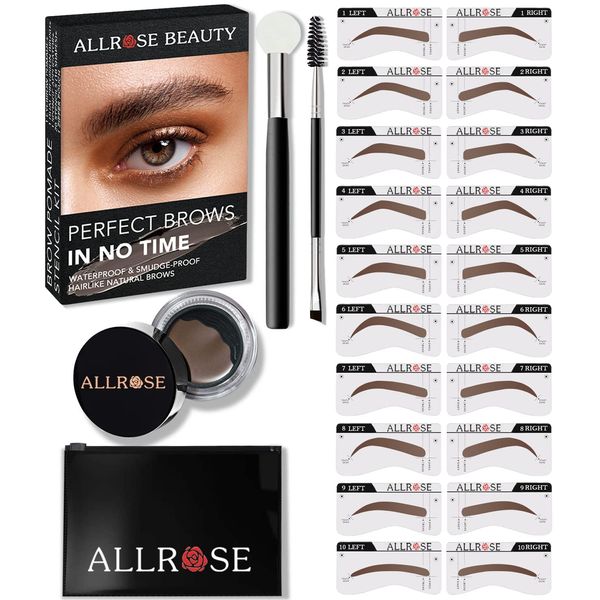 ALLROSE Eyebrow Stamp and Eyebrow Stencil Kit - Eye Brow Stamping Kit for Perfect Bushy Eyebrows, 20 Brow Stencils, Brow Stamp Trio Kit with Sponge Applicator, Waterproof Eyebrow Kit, Blonde