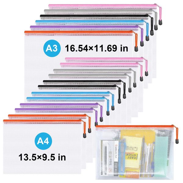 Mesh Zipper Pouch,Waterproof Zipper Bags,18pcs Document Folders,for Puzzle Board Game Storage,for School Office Supplies.