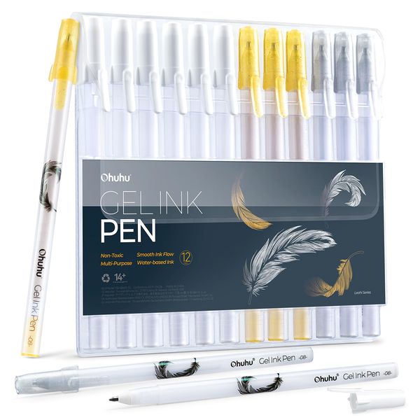 Ohuhu Gel Ink Ballpoint Pen, White Pen, Fine Point, 0.8mm, White, Gold, Silver, Set of 12