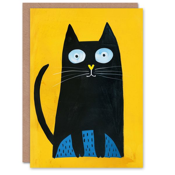 Black Cat Lover Quirky Yellow Blue Pet Portrait Birthday Card