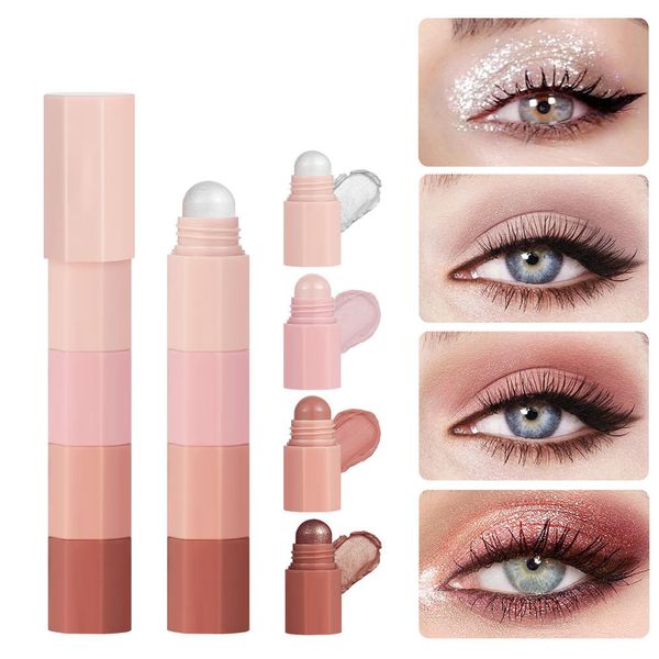 Shimmer Cream Eyeshadow Stick, 4 Colour Eyeshadow Pencil, Creamy Smooth Metallic Shimmer Matte Eyeshadow Pen Crayon Long Lasting White Glitter Eyeshadow Pencil, Waterproof Eye Shadow Crayon