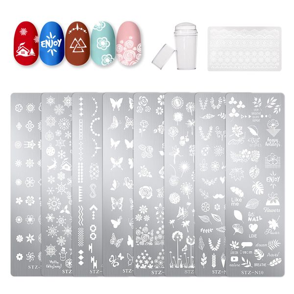 Nail Art Stamping Kit 8 Pezzi Nail Art Stamping Piatti con Stamper e Raschietto per Nail Art Manicure Decorazioni per Unghie