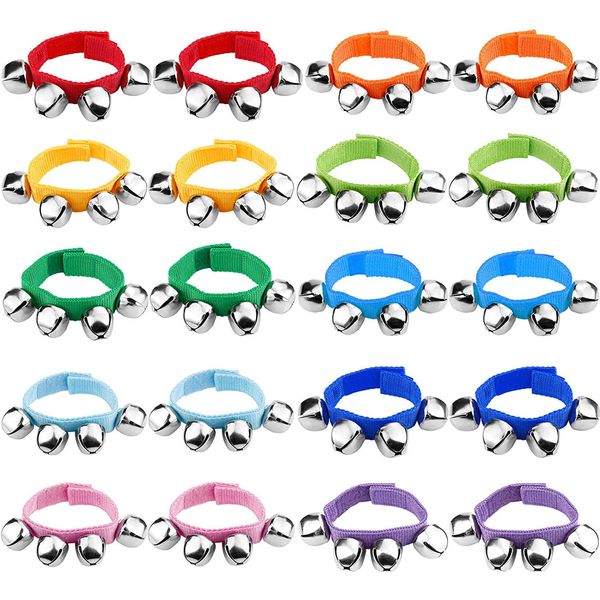 Jingle Bells, Augshy 20 Packs Christmas Wrist Jingle Bells, 10 Colors Christmas Hand Bells, Classroom Music Jingle Bells for School and Party Favors