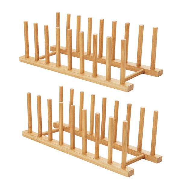 HBlife 2pcs Bamboo Dish Plate Bowl Cup Book Pot Lid Cutting Board Drying Rack Stand Drainer Storage Holder Organizer Kitchen Cabinet（Keep Dry）