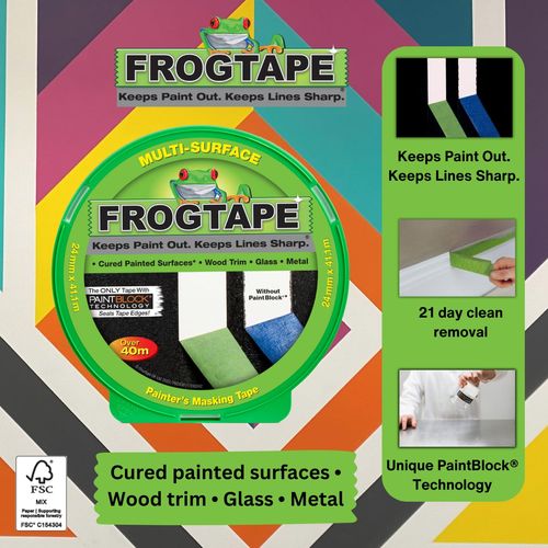 Frog Tape Green Multi Surface Painters Masking Tape 24mm x 41.1m. Indoor painting and decorating for sharp lines and no paint bleed