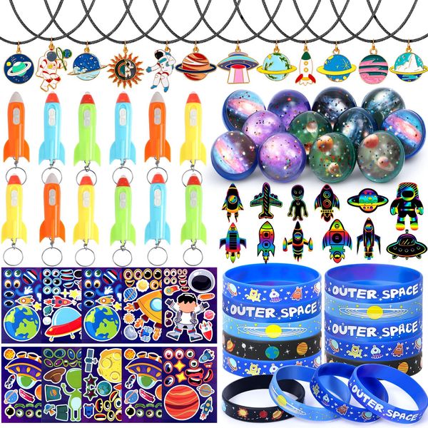 SNLN 84Pcs Outer Space Party Favors Astronaut Birthday Supplies Bag Bouncy Ball Scratch Paper Necklace Silicone Bracelet Diy Sticker Goodie Bag Stuffer Kids Boys Galaxy Themed Party Favors