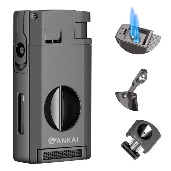 FANKAI Cigar Lighter with Cigar V Cutter, Cigar Punch Accessories, Refillable Torch Lighter Double Jet Flame,Windproof Butane Lighters for Smoking,Cigar Gift for Men (Butane Not Included) (Gray)