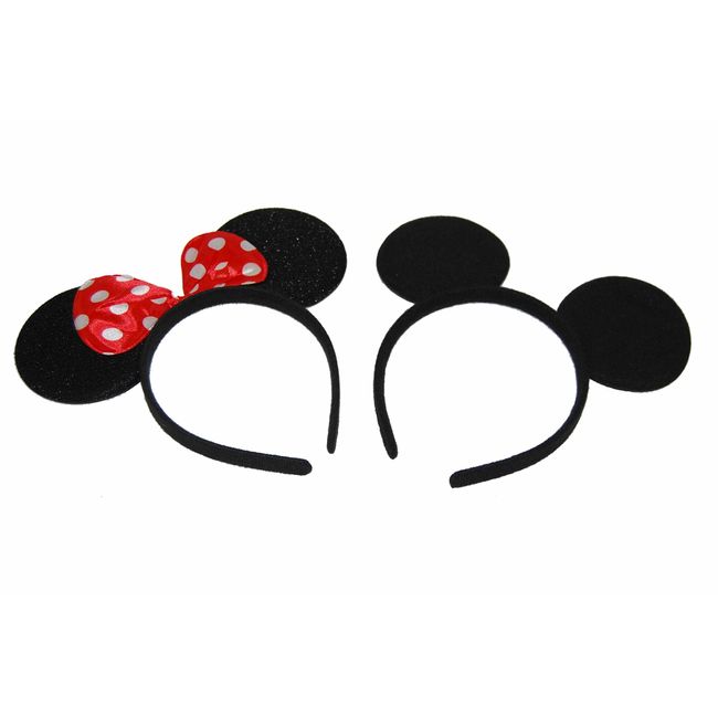 GIZZY® Set of Two Mouse Ears On Head Band, 1 Plain 1 with Bow.