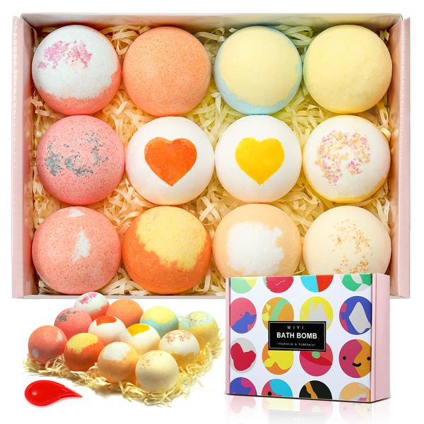 MIYI Bath Bomb, 12 Piece Gift Set, Birthday Gift, Mother's Day Gift, Scented Bomb, Carbonated, Bath Salt, Pharmaceutical Act Certified, Bath Ball, For Bath, Gift Box Included, For Children, Women,