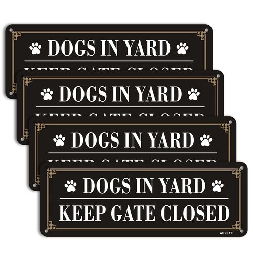 4 Pack Dogs in Yard Please Close Gate Sign, 10x3.5 inches Aluminum Reflective Metal Sign, Keep Gate Closed Sign, Waterproof, Easy Mounting ﻿