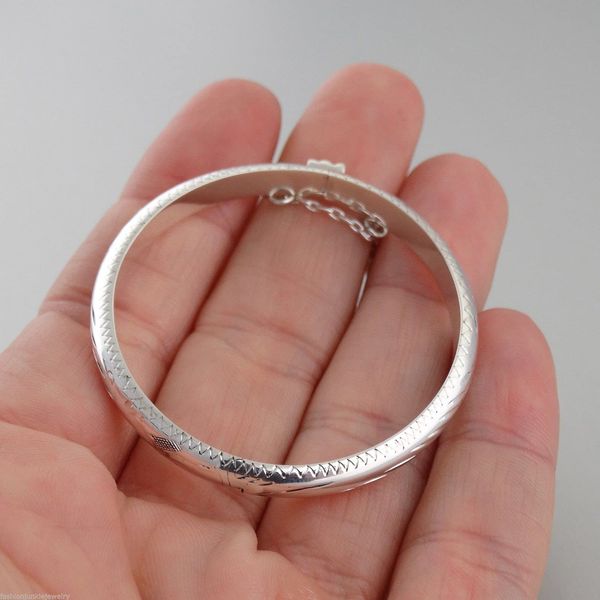 Sterling Silver Etched Bangle Bracelet with Chain for Baby or Toddler, 40mm diameter