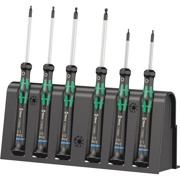 Wera 05118156001 | Kraftform Micro Electronics Screwdriver Set, Ball Head, Hexagonal with Rack, 2052/6, 6-Piece