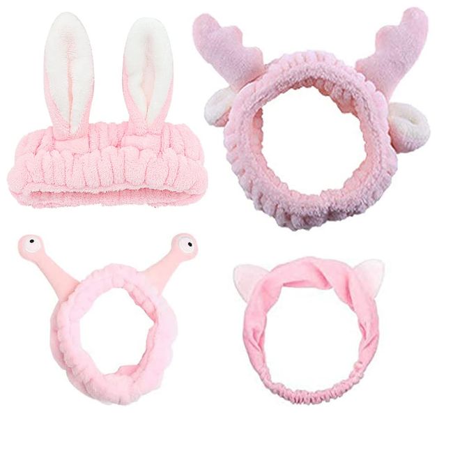 4Packs Pink Spa Makeup Headband for Women Girls Washing Face Cute Animal Cat Deer Snail Bunny Ear Face Wash Hairband Elastic Coral Fleece Hair Bands Cosmetic Shower Yoga Head Wraps Headwrap (pink)