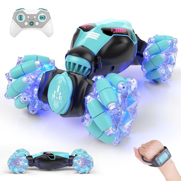 Powerextra LED Gesture RC Car, 4WD Hand Controlled Sensor RC Stunt Car, Double Sided 360° Flips Off Road Remote Control Vehicle Toy with Lights & Music, Sensing Toy for Age 8+ Year Old Boys & Girls