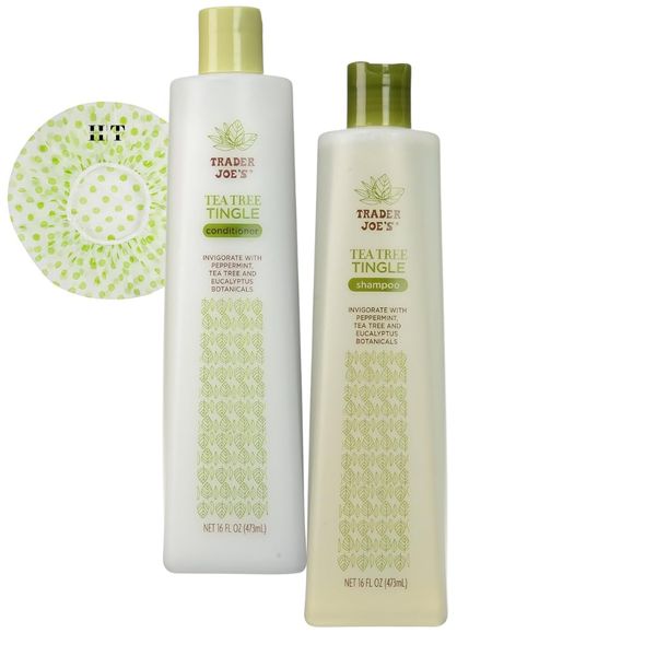 Trader Joe's Tea Tree Tingle Shampoo & Conditioner, 16 oz with 1 HappyTasty Shower Cap (Color May Vary), Clear