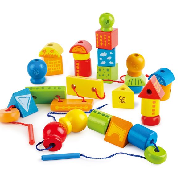 Hape String-Along Shapes | Classic 32 Piece Wooden Block Stacking Game, Multi-Colored Lacing Toy, Medium