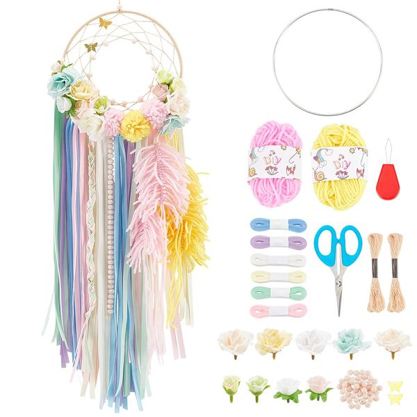 INFUNLY DIY Dream Catcher Making Kit handgefertigte Traumfänger für Wohnkultur Machen Sie Ihren eigenen Traumfänger mit Schmetterlingsblumen hängen Verzglände Gabe mit farbenfrohen Quastenband