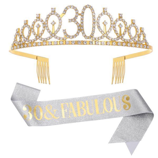 "30 & Fabulous"Sash & Rhinestone Tiara Set,Sliver Gold 30th Birthday Gifts for Women, Birthday Sash/Tiara for Women's 30th Birthday Party Decoration (Sliver 30th)