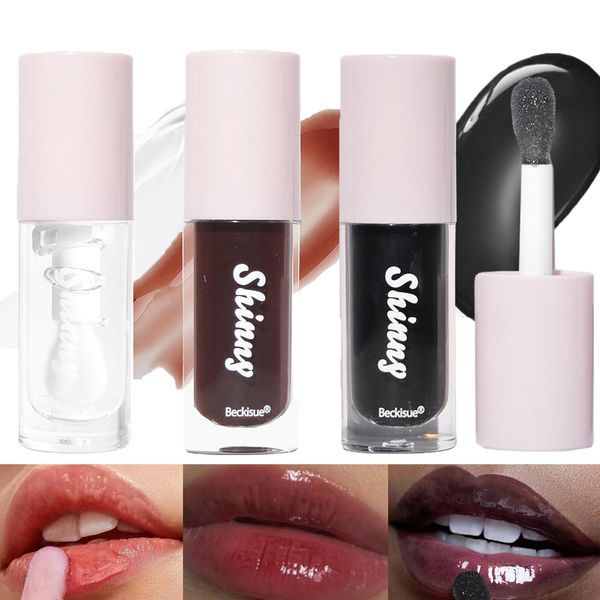 LuckNest Translucent Black Lip Gloss, Clear/Black Cherry/Black Sugar Lip Oil, Plumping Hydrating Mirror Highlight Lip Gloss Moisturizing Long Lasting & Non-Sticky - Vegan Makeup (3Pcs)