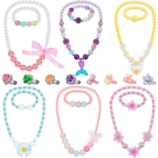 6 Sets Play Jewelry for Little Girls Princess Necklace Bracelet Set Includes Kid Beaded Necklace Bracelet with 8 Rings for Toddler Christmas Birthday Party Favors Cosplay (Heart, Flower Style)