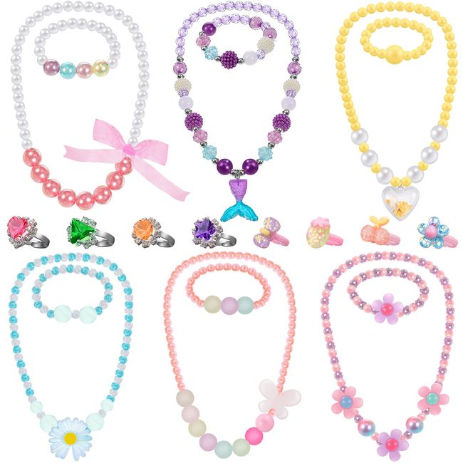 6 Sets Play Jewelry for Little Girls Princess Necklace Bracelet Set Includes Kid Beaded Necklace Bracelet with 8 Rings for Toddler Christmas Birthday Party Favors Cosplay (Heart, Flower Style)