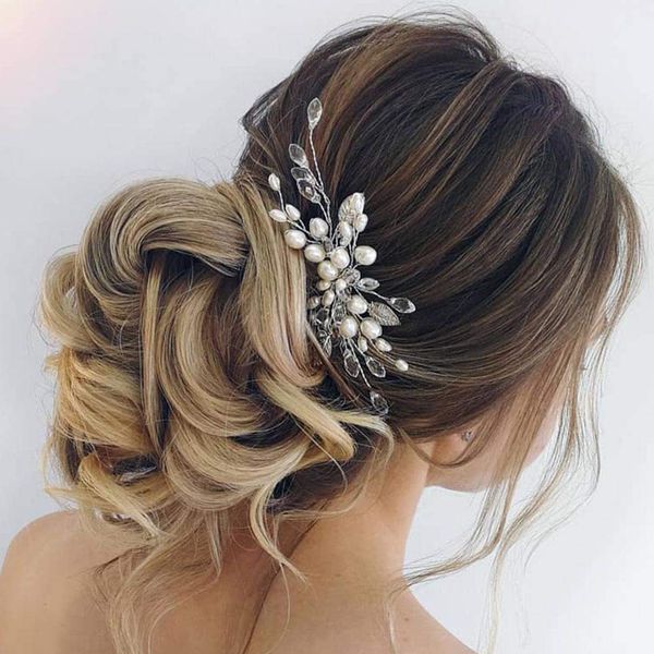 Handcess Bride Wedding Pearl Hair Pins Silver Leaf Headpieces Crystal Bridal Hair Accessories for Bride and Braidesmaids