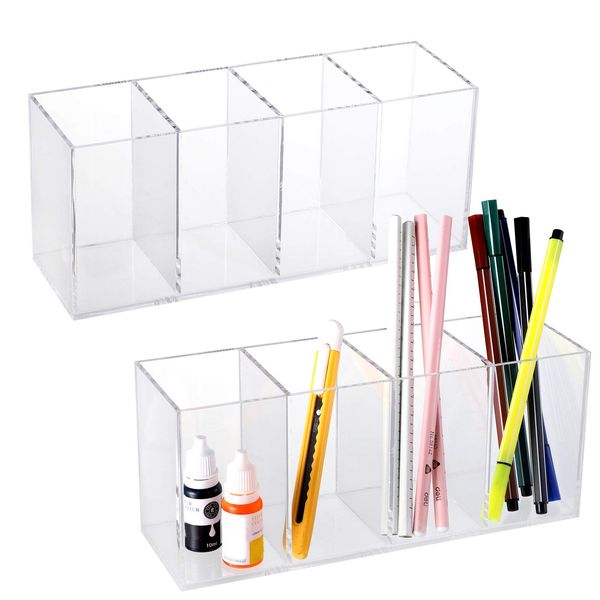 TOPZEA 2 Pack Acrylic Clear Pen Pencil Holder, 4 Slot Cosmetic Makeup Brush Storage Cups Dispenser Paint Brush Pencils Desk Organizer for School, Vanity, Bathroom, Office Stationery