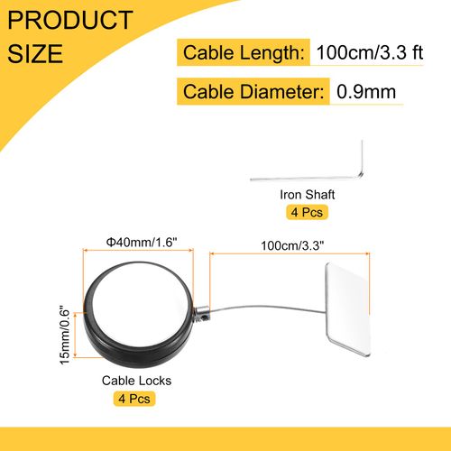 MECCANIXITY 3.3ft Retractable Cable Lock with Square Patch Remote Control Security Lock with Adjustable Cord Tether Anti Theft for Laptop, TV, 150 G, Black, 4 Pack