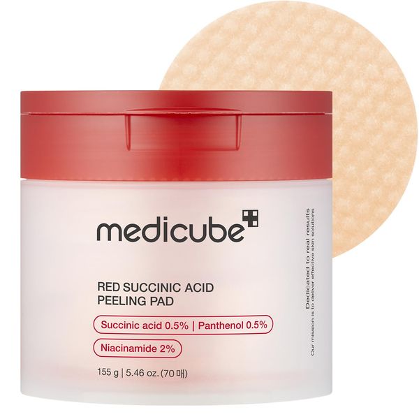 Medicube Red Succinic Acid Panthenol Facial Peeling Pads - Exfoliating Toner Pads for Acne-Prone Skin with Niacinamide, AHA, BHA, and Soothing Panthenol - Non-Comedogenic