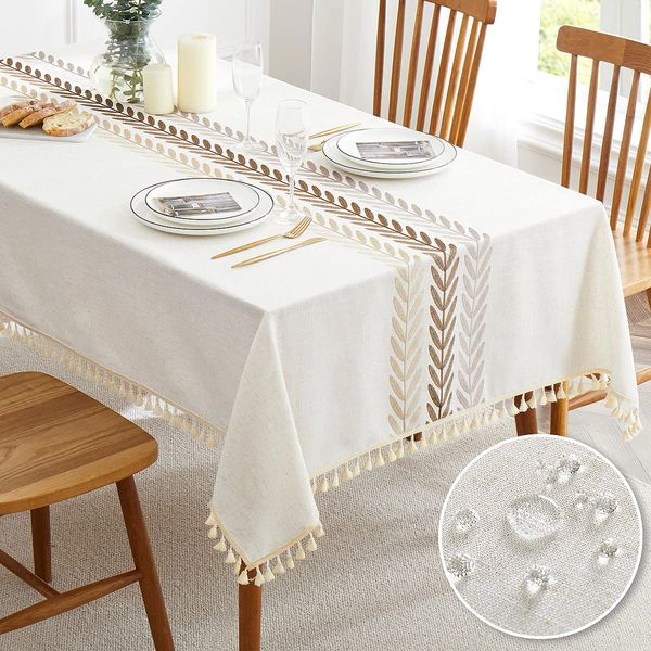 QIANQUHUI Embroidered Tablecloth for Dining Table,Dust Proof Spillproof Soil Resistant Cotton Linen Rectangle Table Cloths (Coffee Wheat, Rectangle/Oblong, 55'x70'', 4-6 Seats)